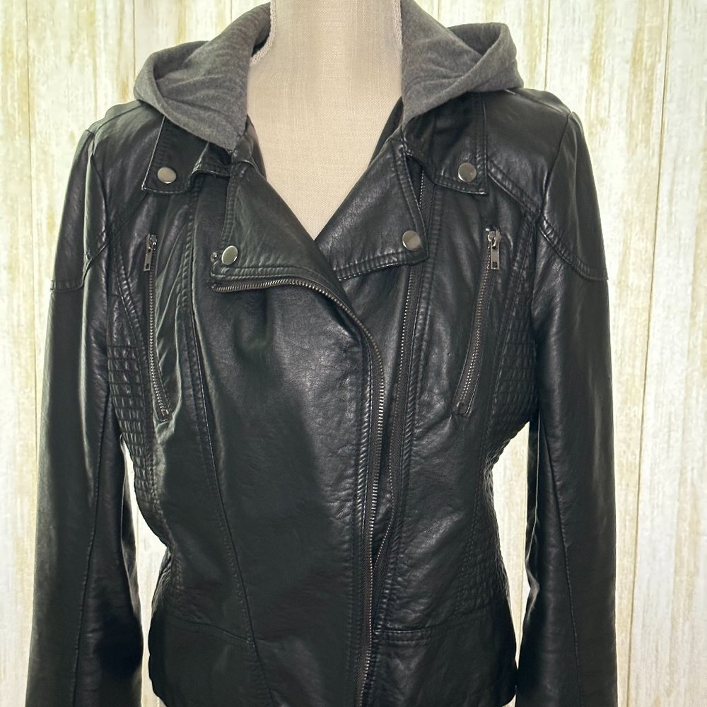 Faux Leather Hooded Moto Jacket